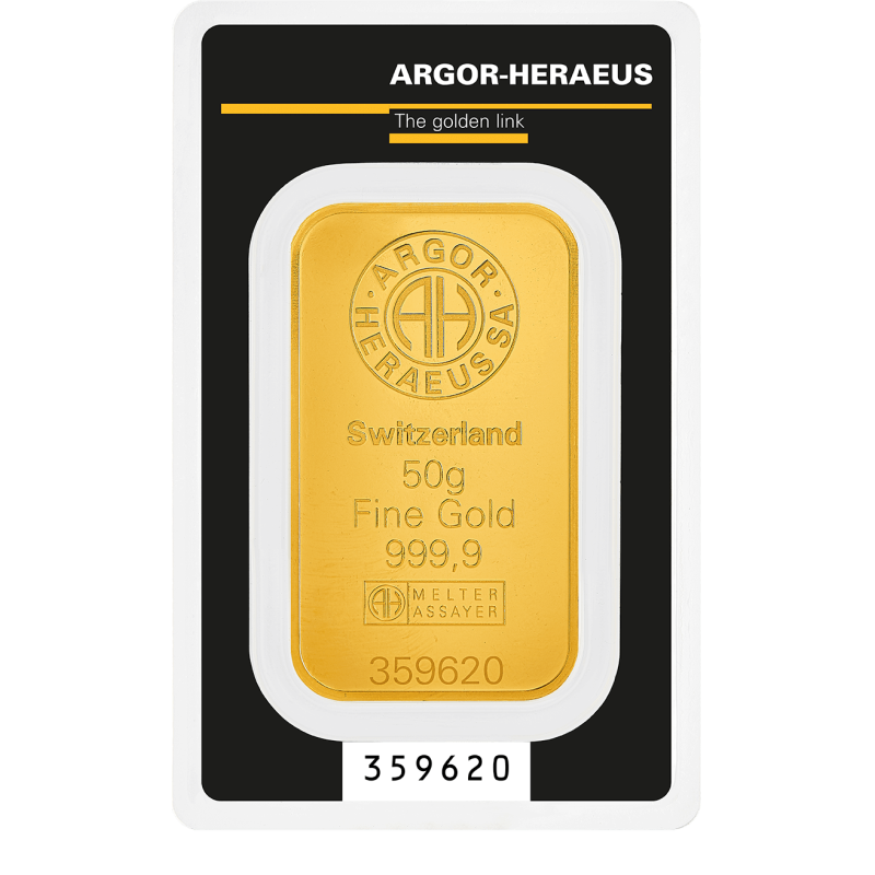 Lingotto oro 50 grammi Argor-Heraeus KINEBAR