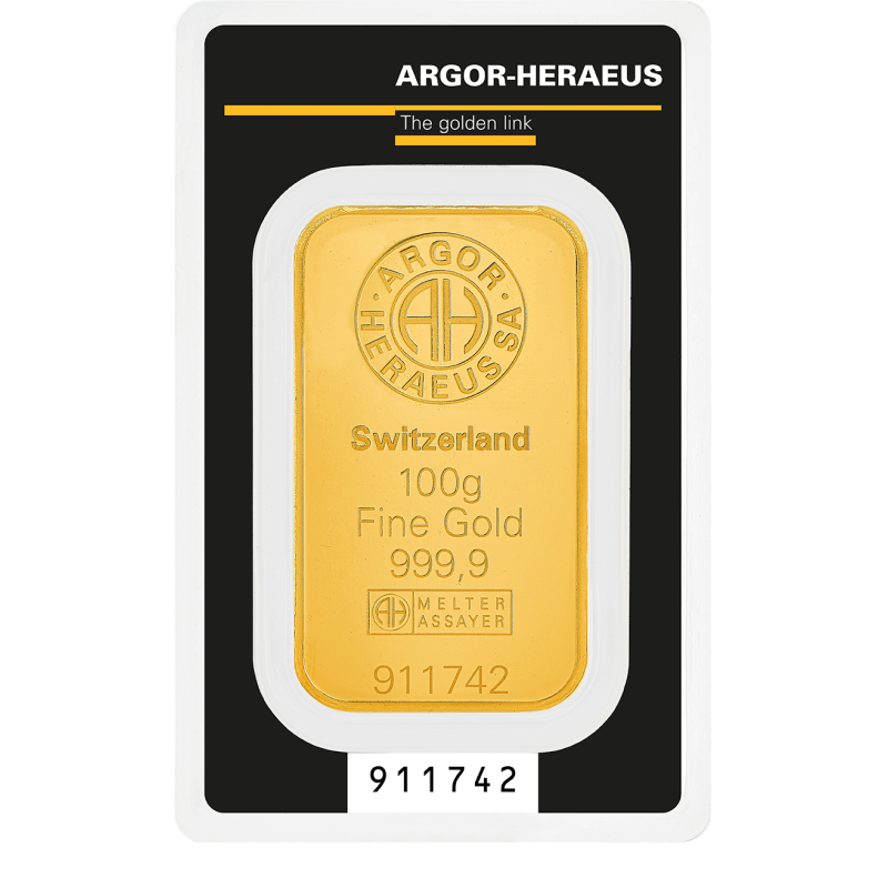 Lingotto oro 100 grammi Argor-Heraeus KINEBAR